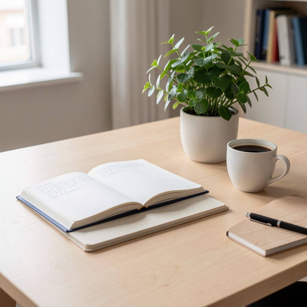 Bureau de rédaction avec carnets de notes ouverts, plante verte et tasse de café sur une table en bois clair