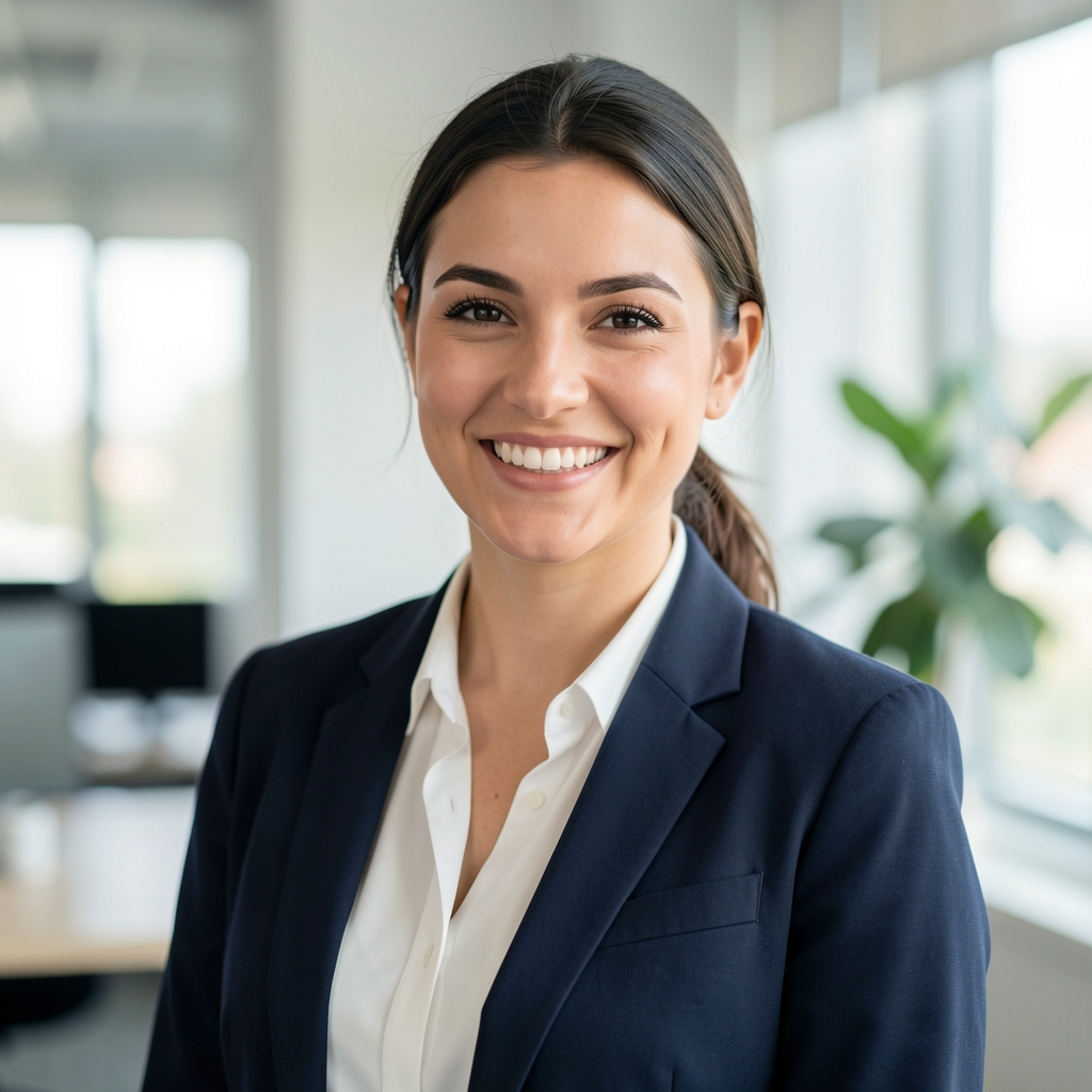 Portrait de Camille Rousseau, rédactrice en chef, souriante dans un bureau lumineux