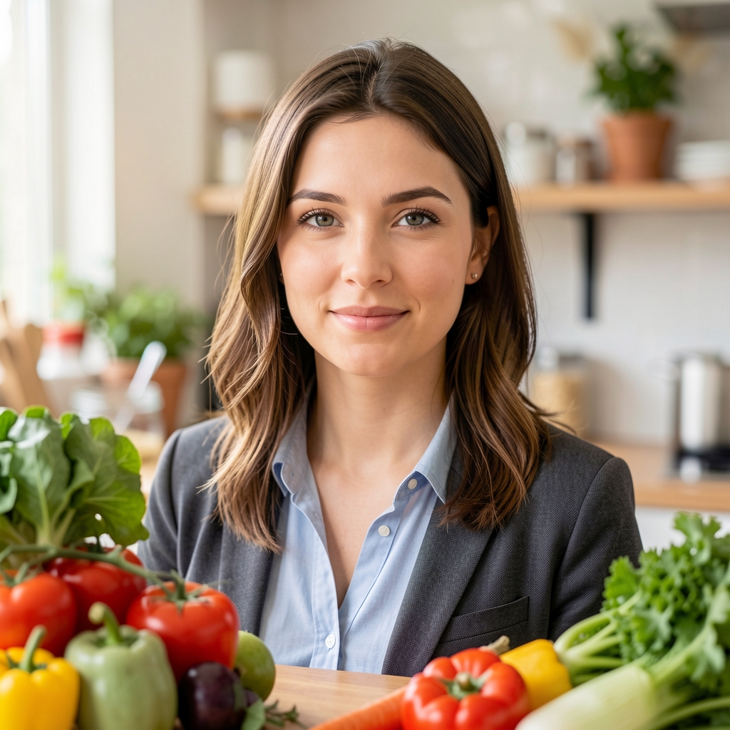 Portrait de Nora Benali, diététicienne-conseil, dans une cuisine test avec des légumes frais