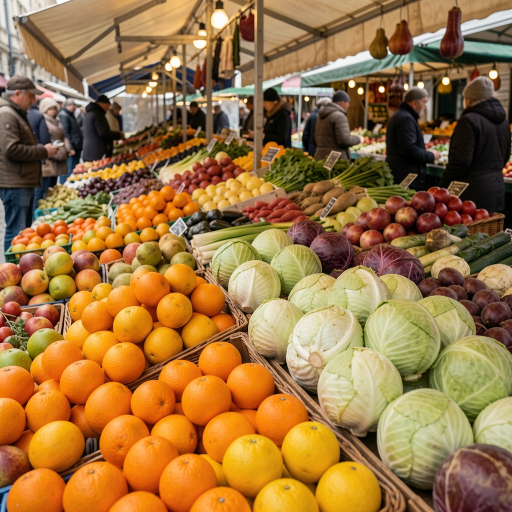 Étal de marché français présentant des fruits et légumes de saison en hiver, agrumes et choux colorés