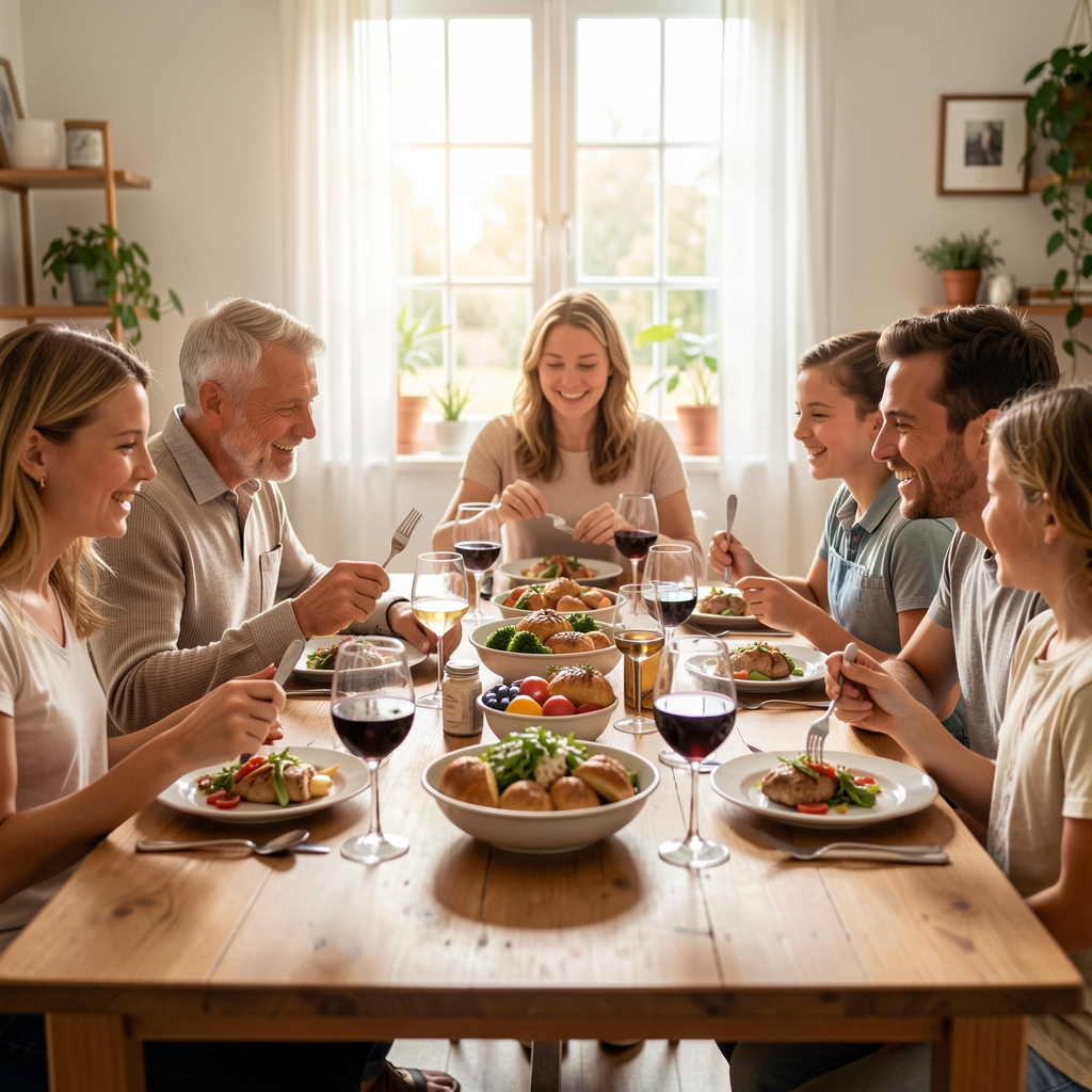 Famille partageant un repas d'hiver autour d'une table en bois avec soupe de légumes et pain complet