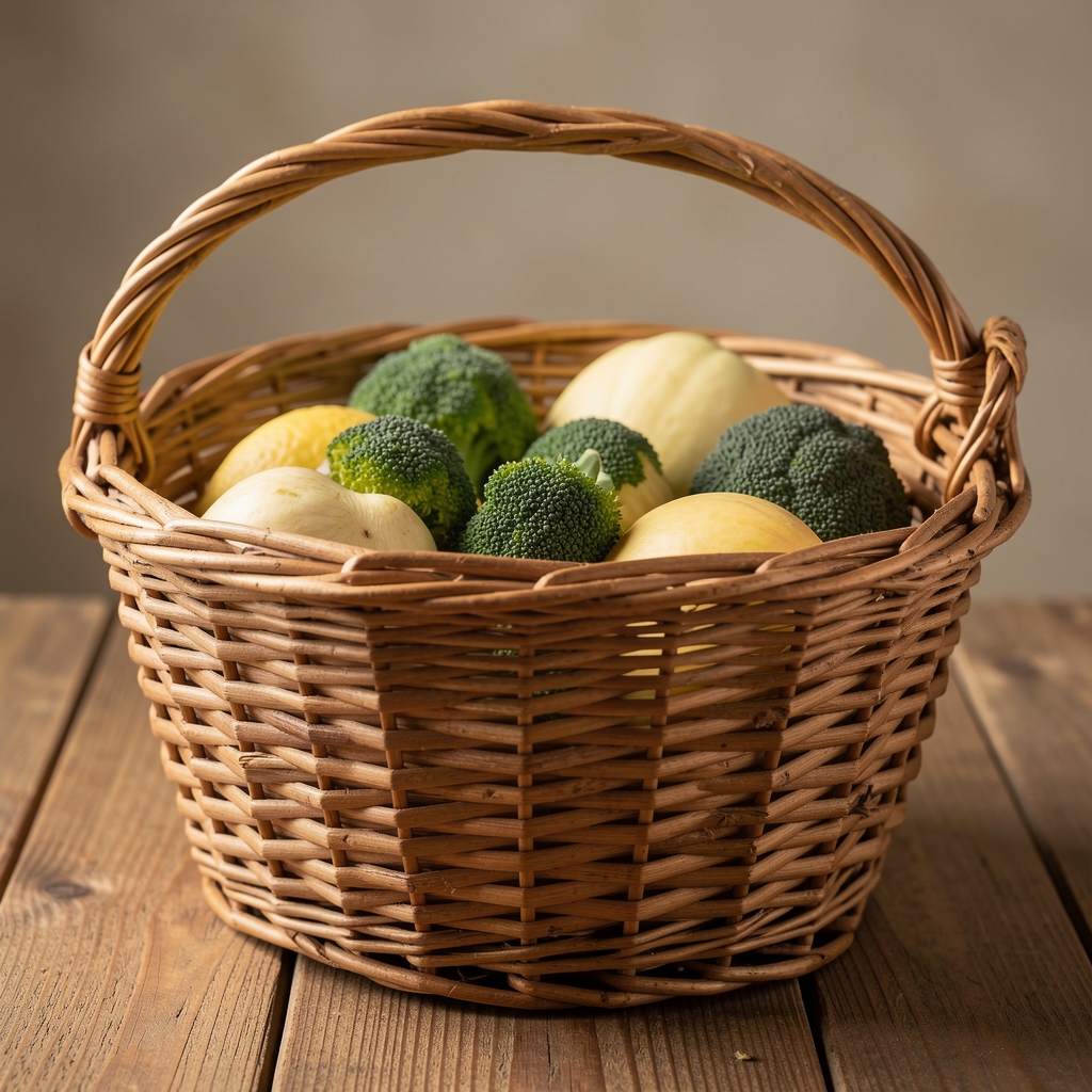Panier en osier rempli d'agrumes, d'ail, de gingembre et de légumes verts frais sur une table en bois clair