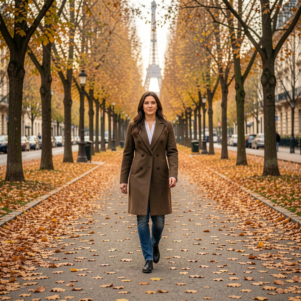Personne marchant seule sur un chemin de parc parisien couvert de feuilles d'automne par un matin lumineux
