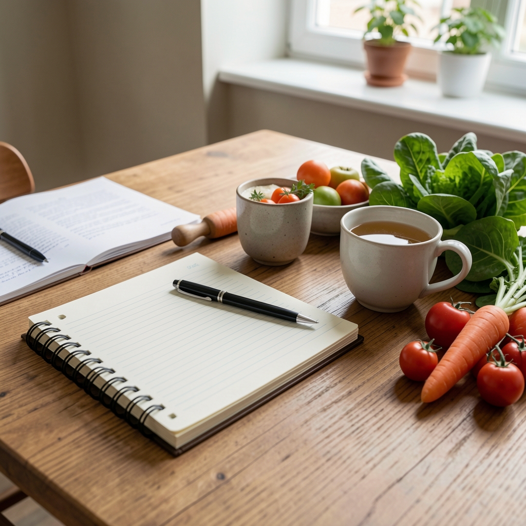 Table de travail éditoriale avec carnet de notes, tasse de tisane et légumes frais disposés pour un article de nutrition