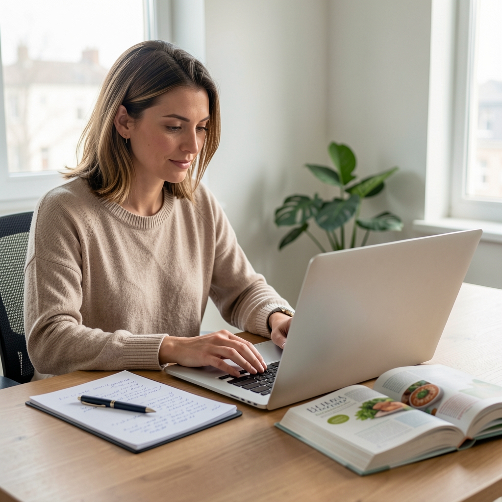 Rédactrice travaillant sur un ordinateur portable avec des notes manuscrites et un livre de nutrition ouvert à côté