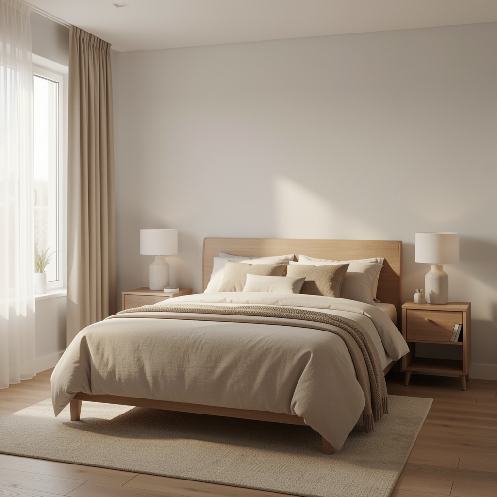Chambre calme et épurée avec lumière douce du matin, symbole d'un sommeil réparateur