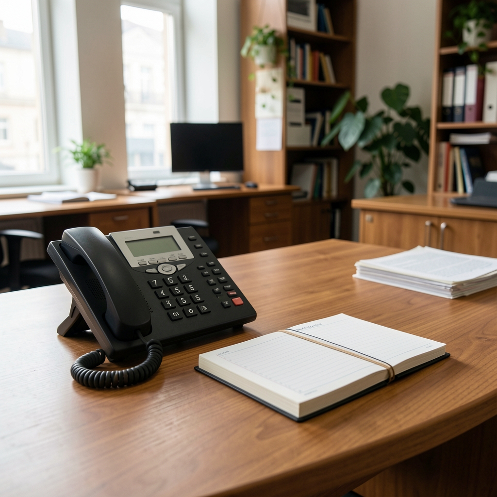 Téléphone fixe de bureau et carnet de rendez-vous posés sur une table en bois dans les locaux de la rédaction